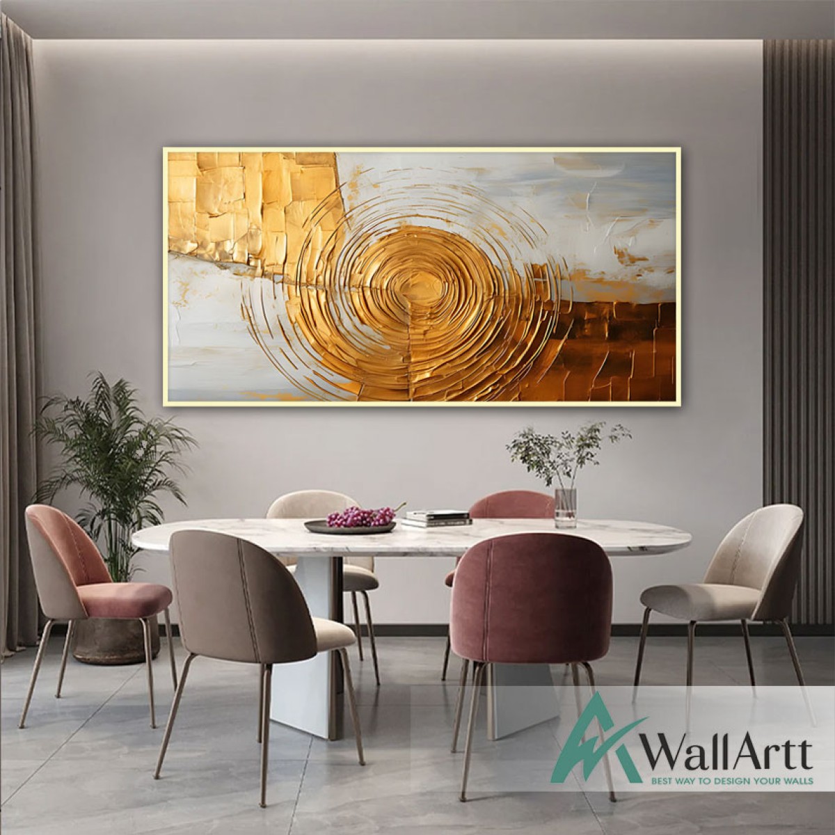 Orange Circle with Gold Foil 3d Heavy Textured Partial Oil Painting - Wall Art